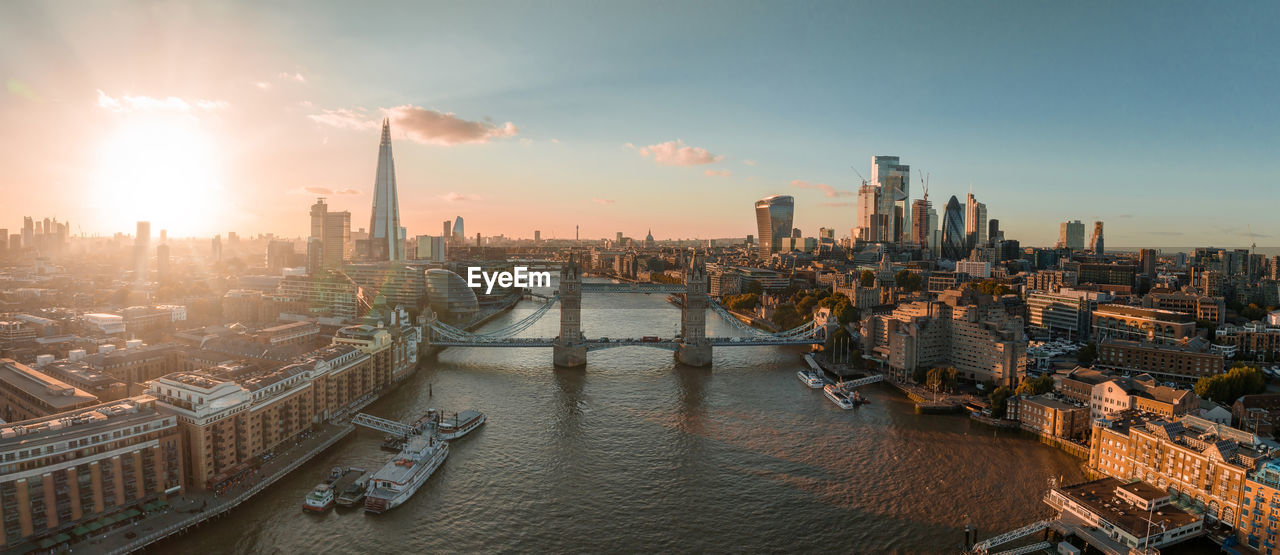 Aerial view of the london tower bridge at sunset.