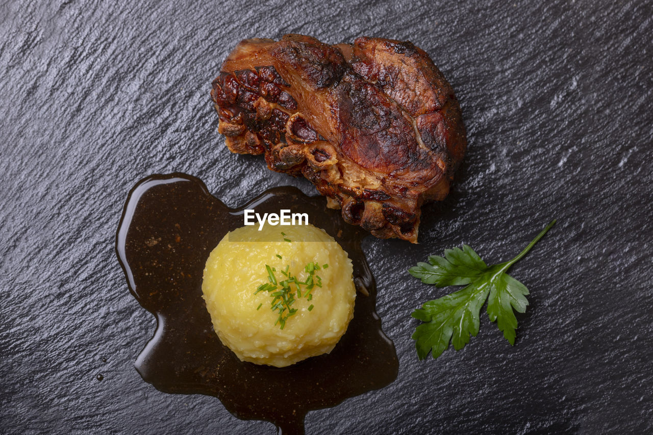 Directly above shot of food over slate on table