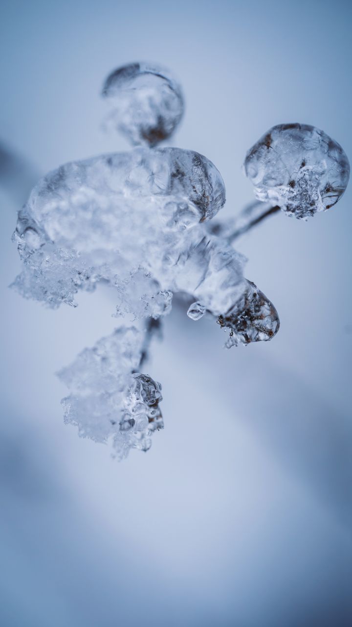 CLOSE-UP OF ICICLES AGAINST SKY DURING WINTER