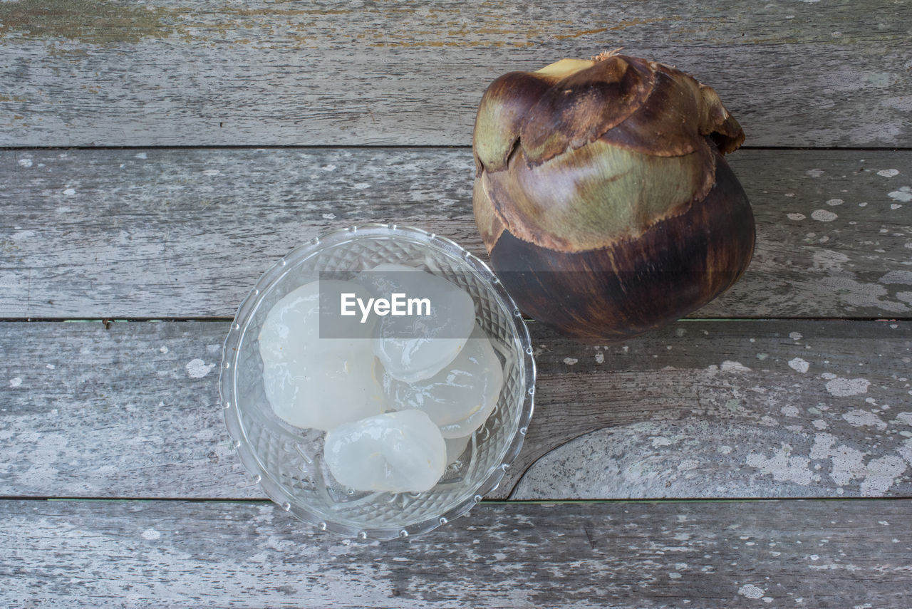 High angle view of ice apples on table