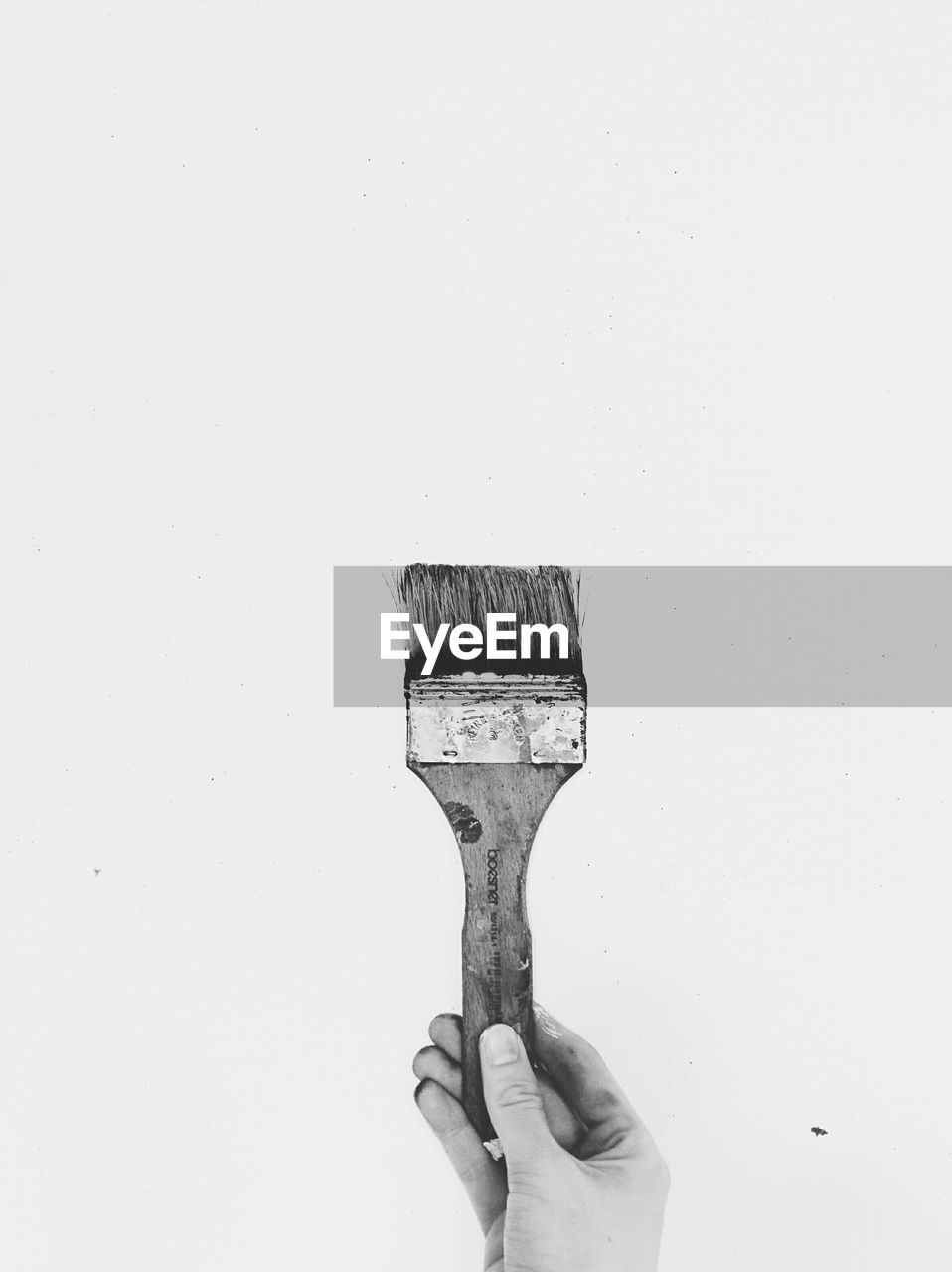 Close-up of hand holding paint brush on white background