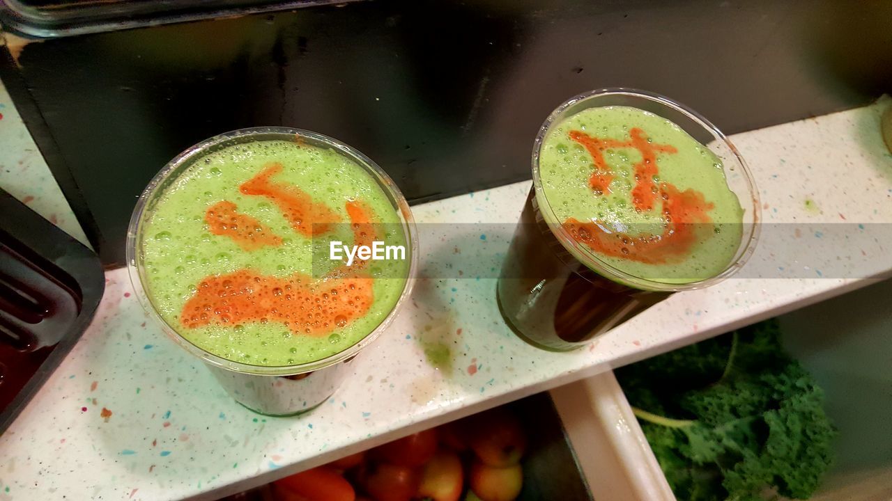 High angle view of food served on table