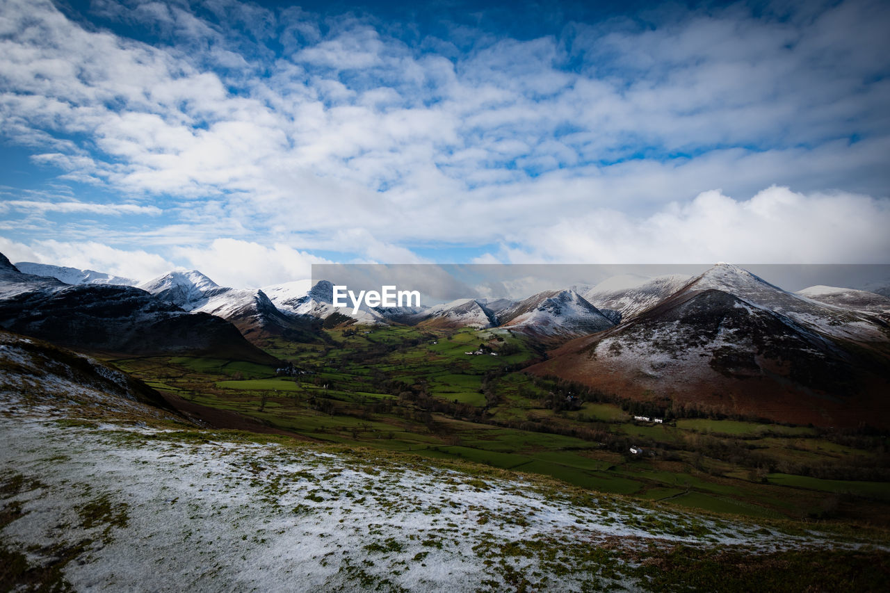 Scenic view of snowcapped mountains against sky