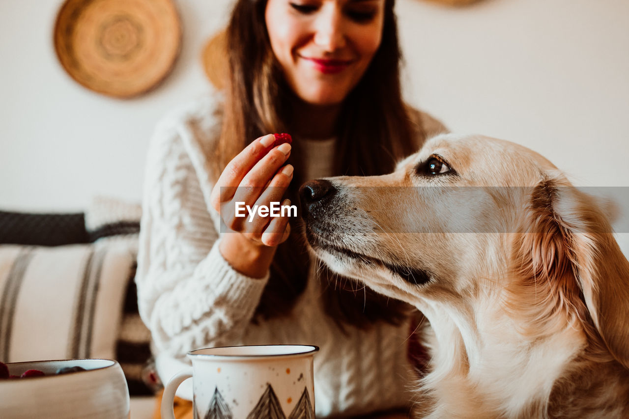 Midsection of woman feeding dog at home