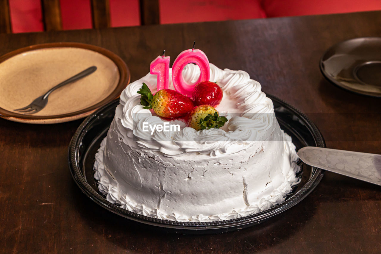 high angle view of dessert on table