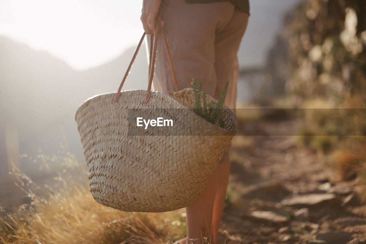 Midsection of woman with bag standing on land