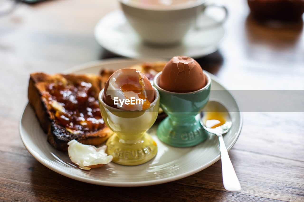 Close-up of breakfast served on table