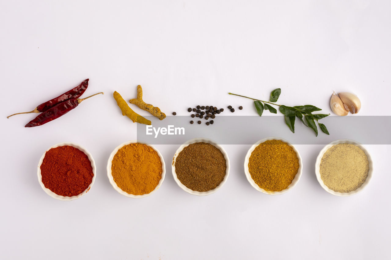 high angle view of various spices on white background