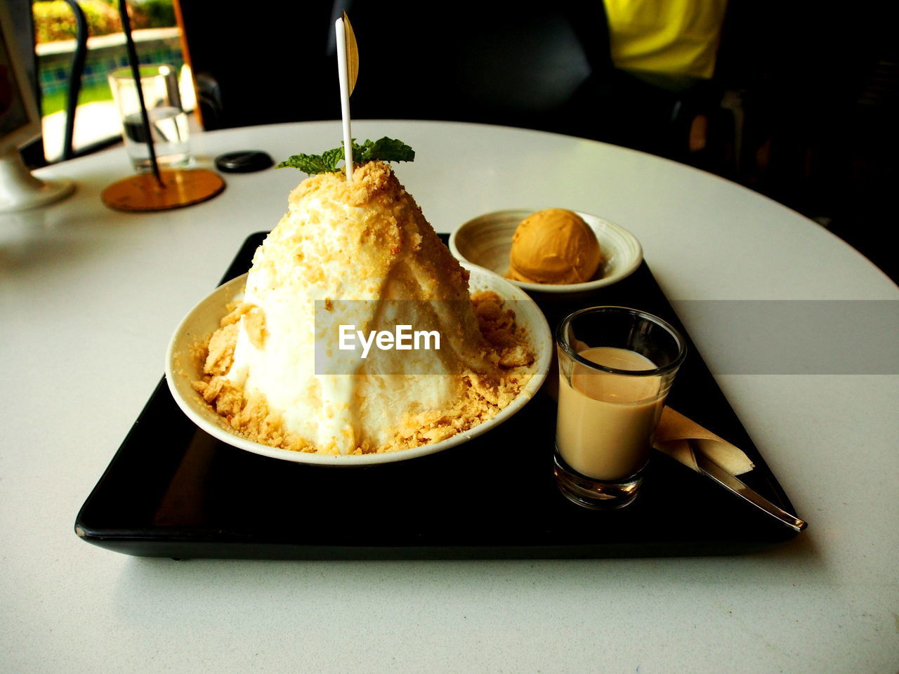 High angle view of patbingsu served on table