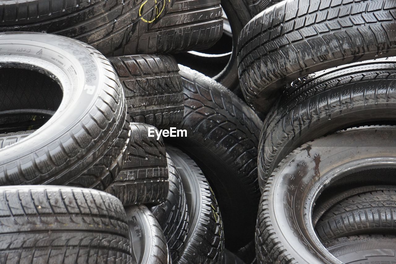 Close-up of stacked tires