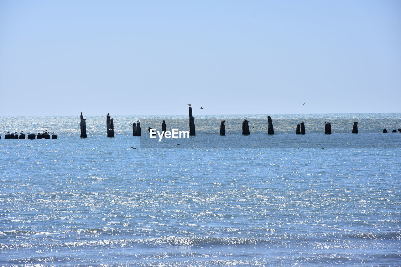 WOODEN POSTS ON FROZEN SEA AGAINST CLEAR SKY