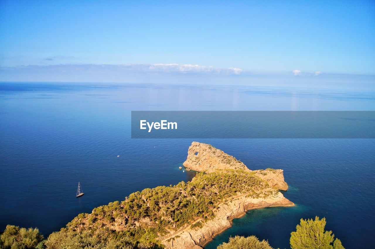 High angle view of sea against blue sky