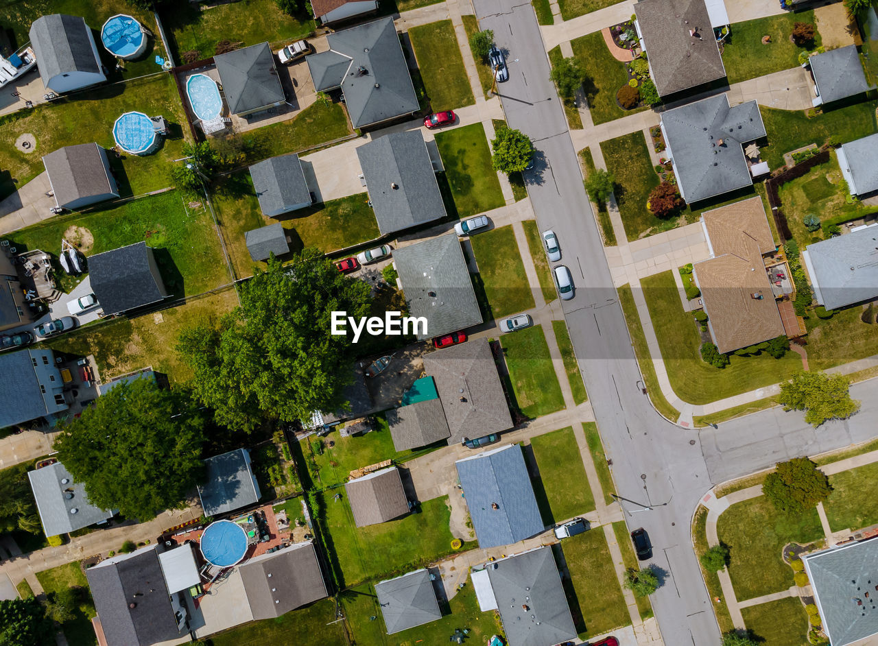 High angle view of buildings in town