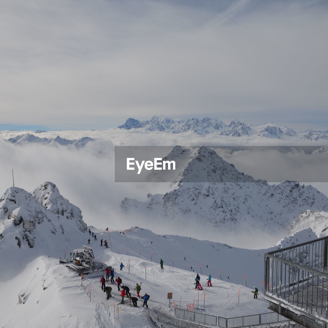 High angle view of tourists at ski resort