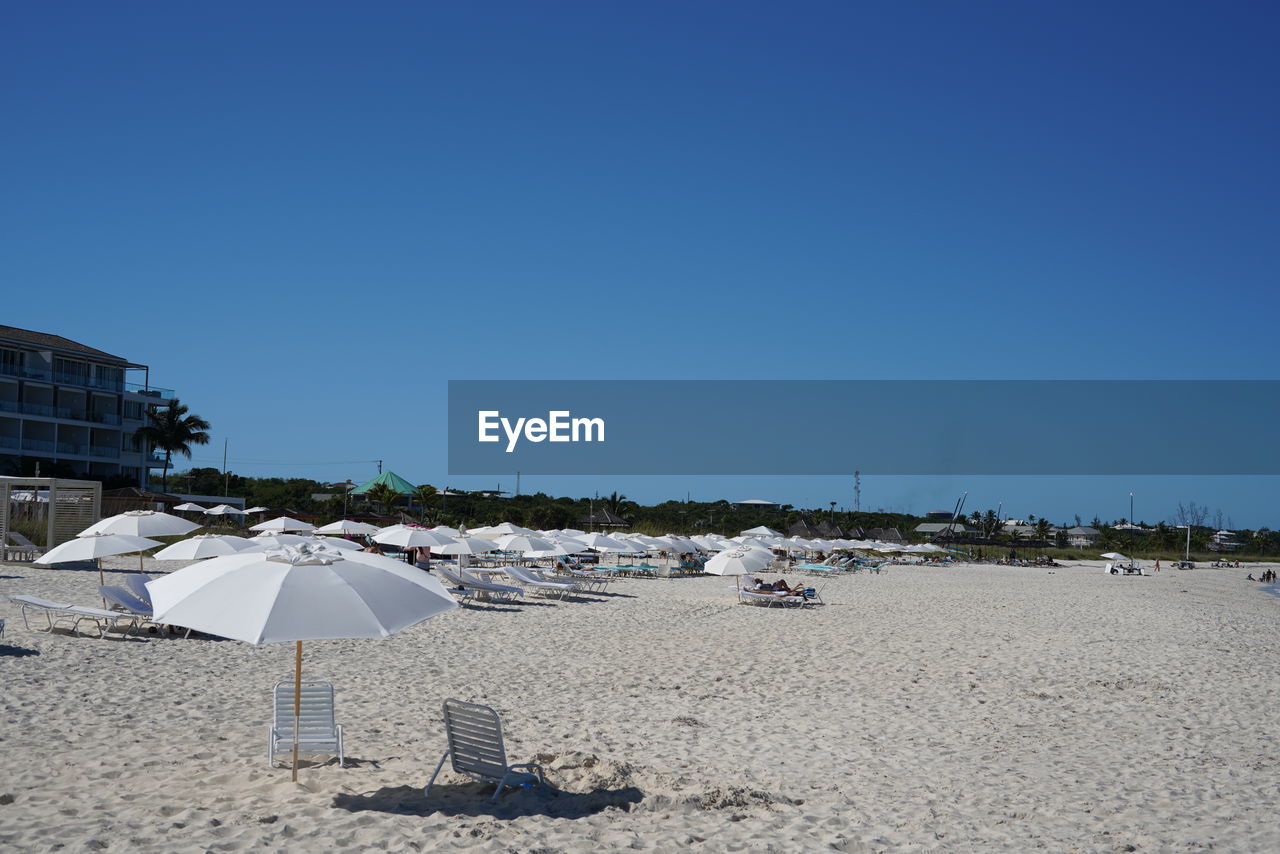 PANORAMIC SHOT OF BEACH AGAINST CLEAR BLUE SKY