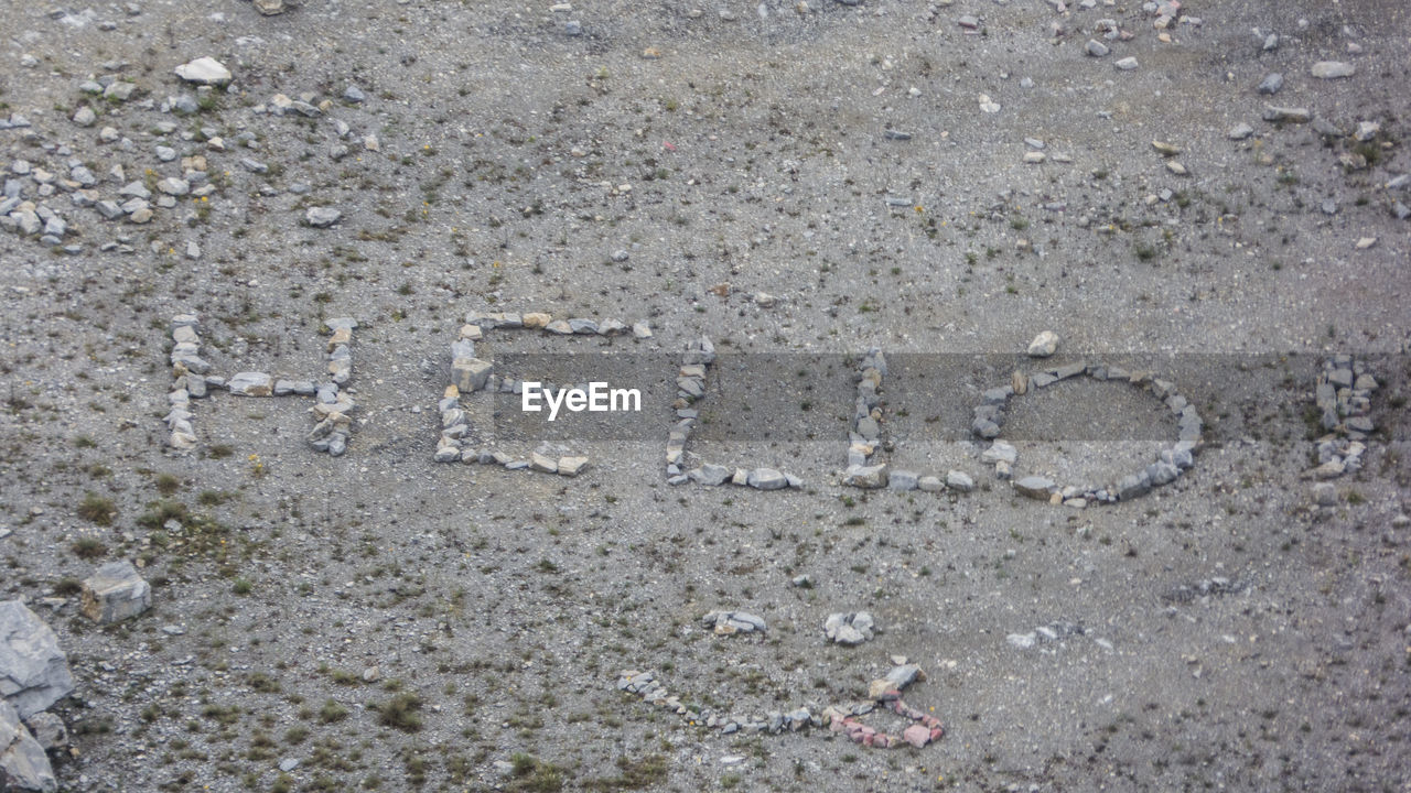 HIGH ANGLE VIEW OF TEXT ON STREET