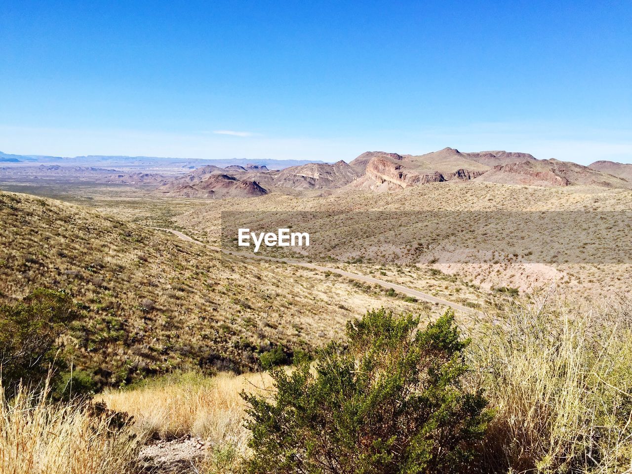 Scenic view of landscape against clear blue sky