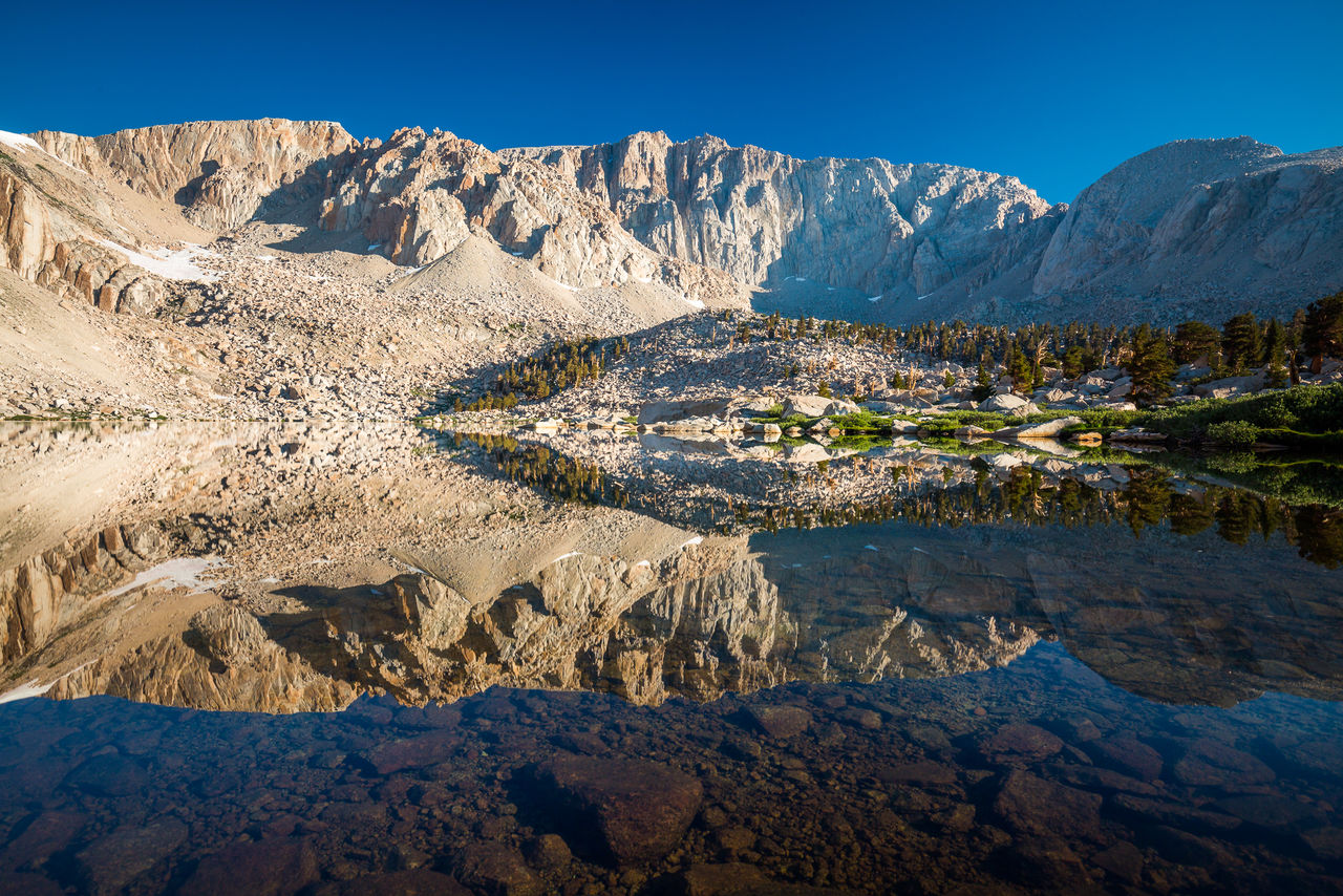 Scenic view of lake and mountains against clear sky