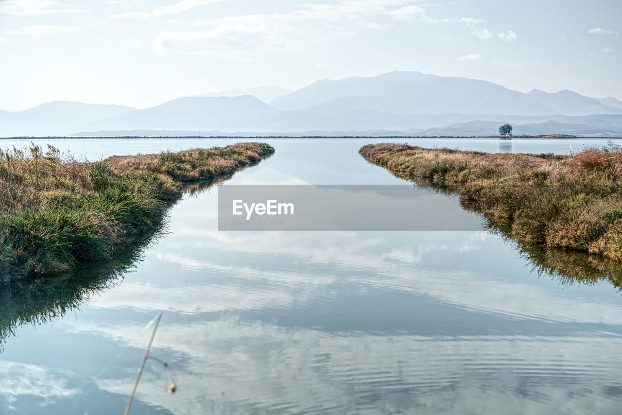 SCENIC VIEW OF LAKE BY MOUNTAIN AGAINST SKY