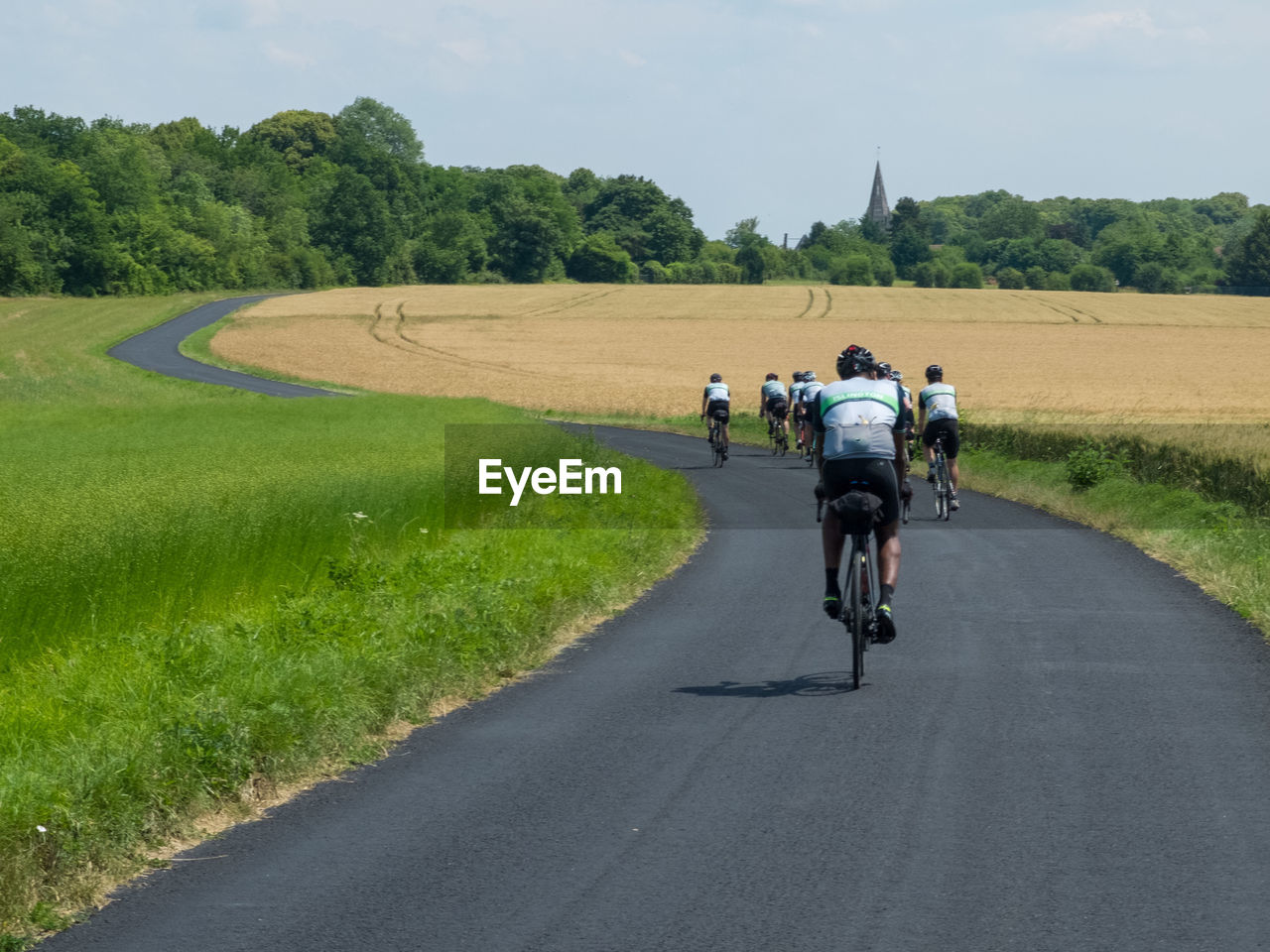 Rear view of people riding bicycles on country road