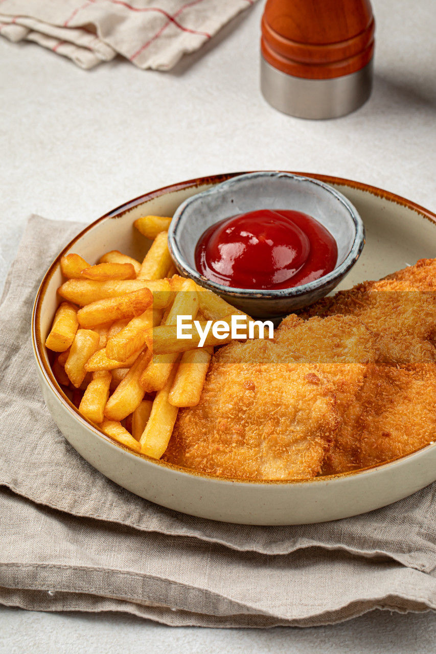 high angle view of food served in plate on table