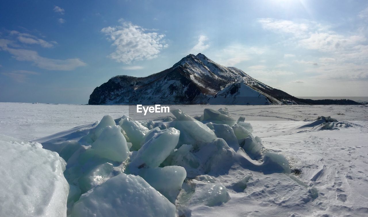 Scenic view of snowcapped mountains against sky