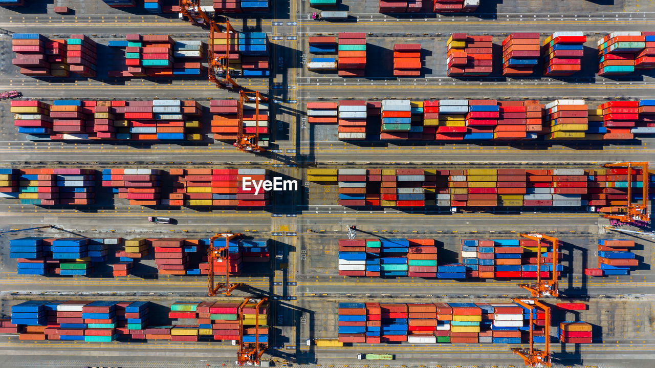 Aerial view of multi colored cargo container on land