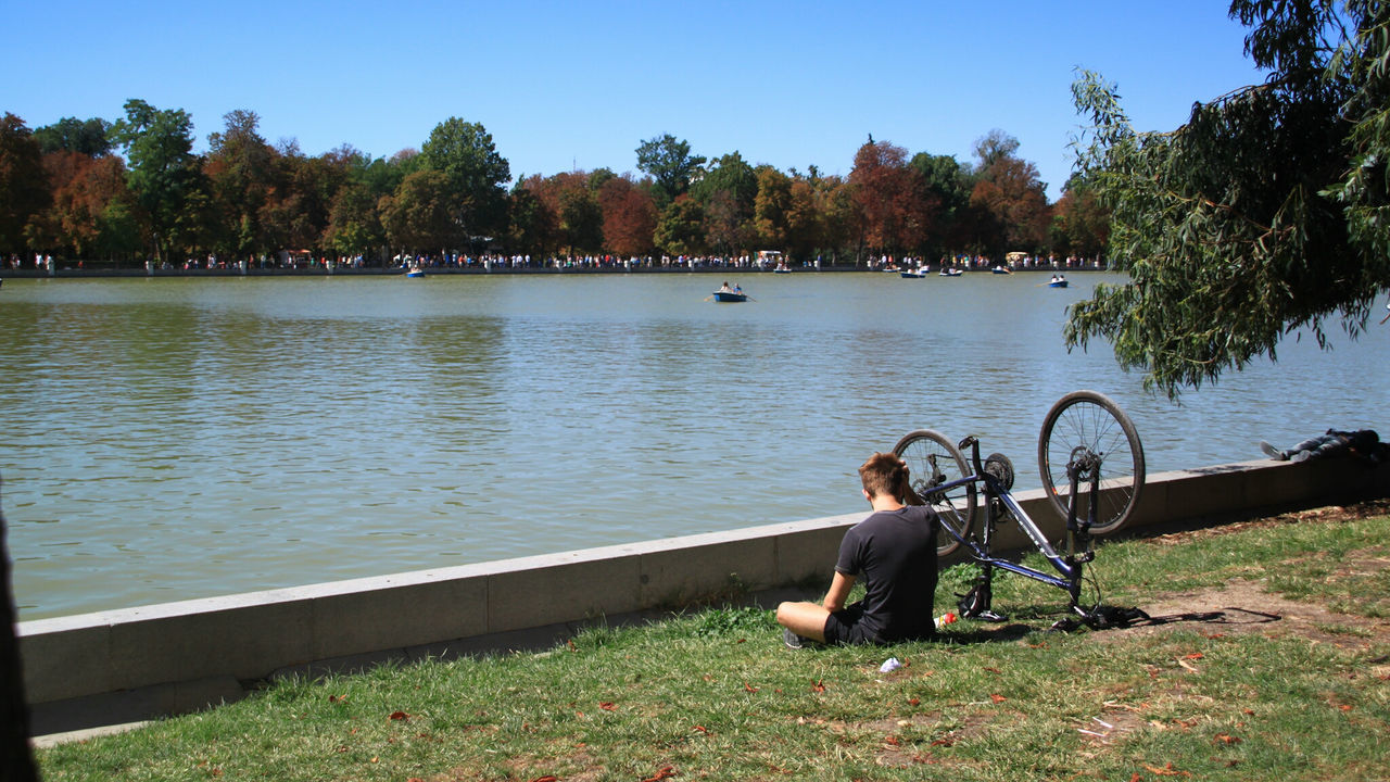 PEOPLE IN LAKE AGAINST TREES