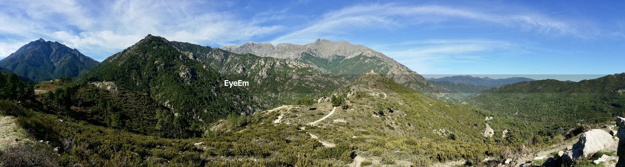 Panoramic view of landscape and mountains against sky