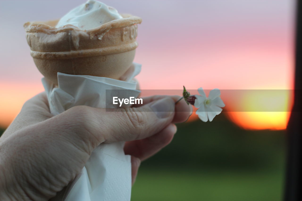 Wedding catering vanilla ice cream with small white flower with right timing beautiful sunset