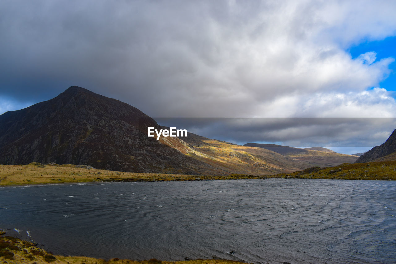 Scenic view of lake and mountains against sky