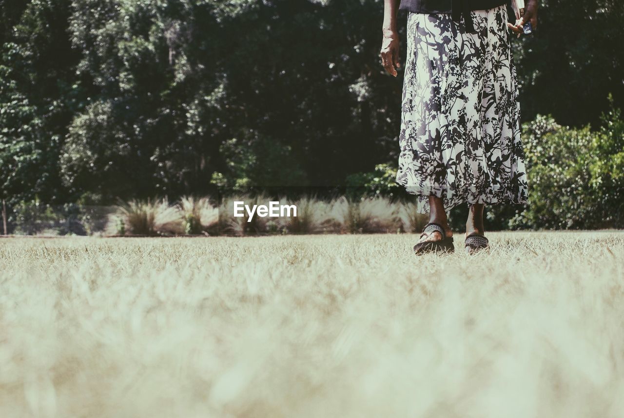 Low section of woman wearing skirt standing on grassy field