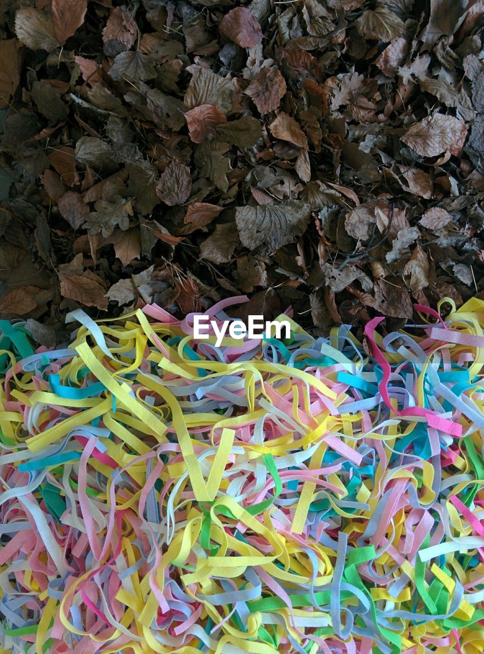 High angle view of colorful ribbons and autumn leaves