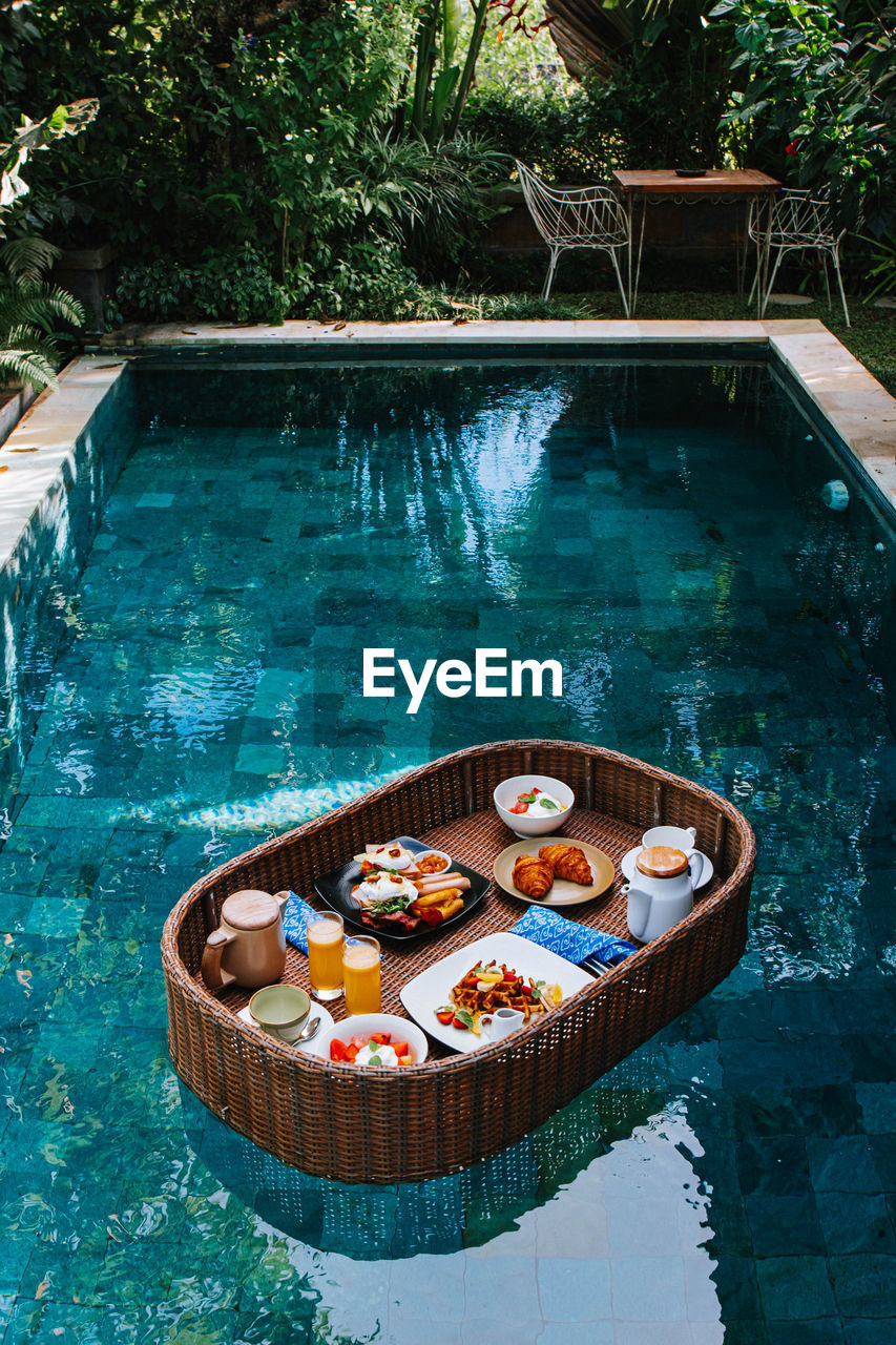 high angle view of swimming in pool