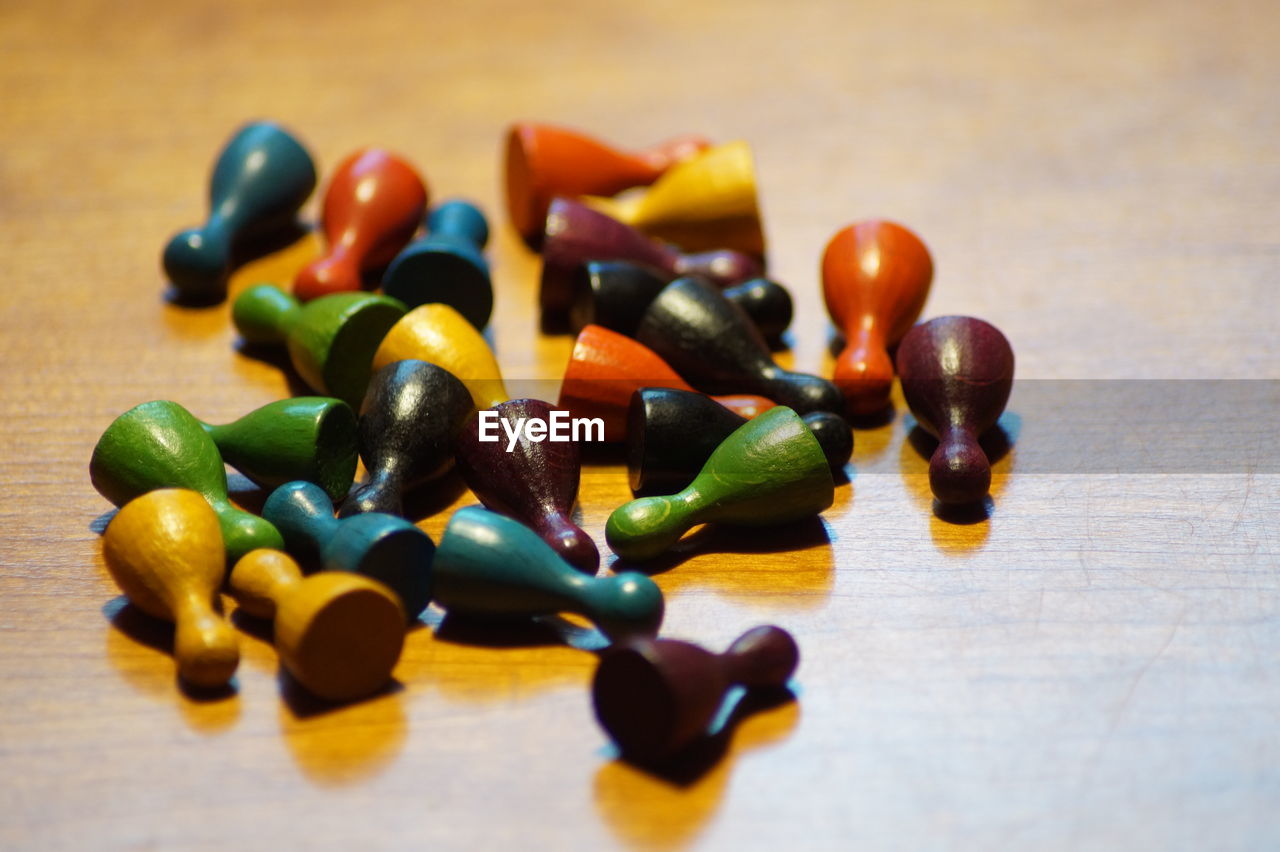 Close-up of toys on wooden table