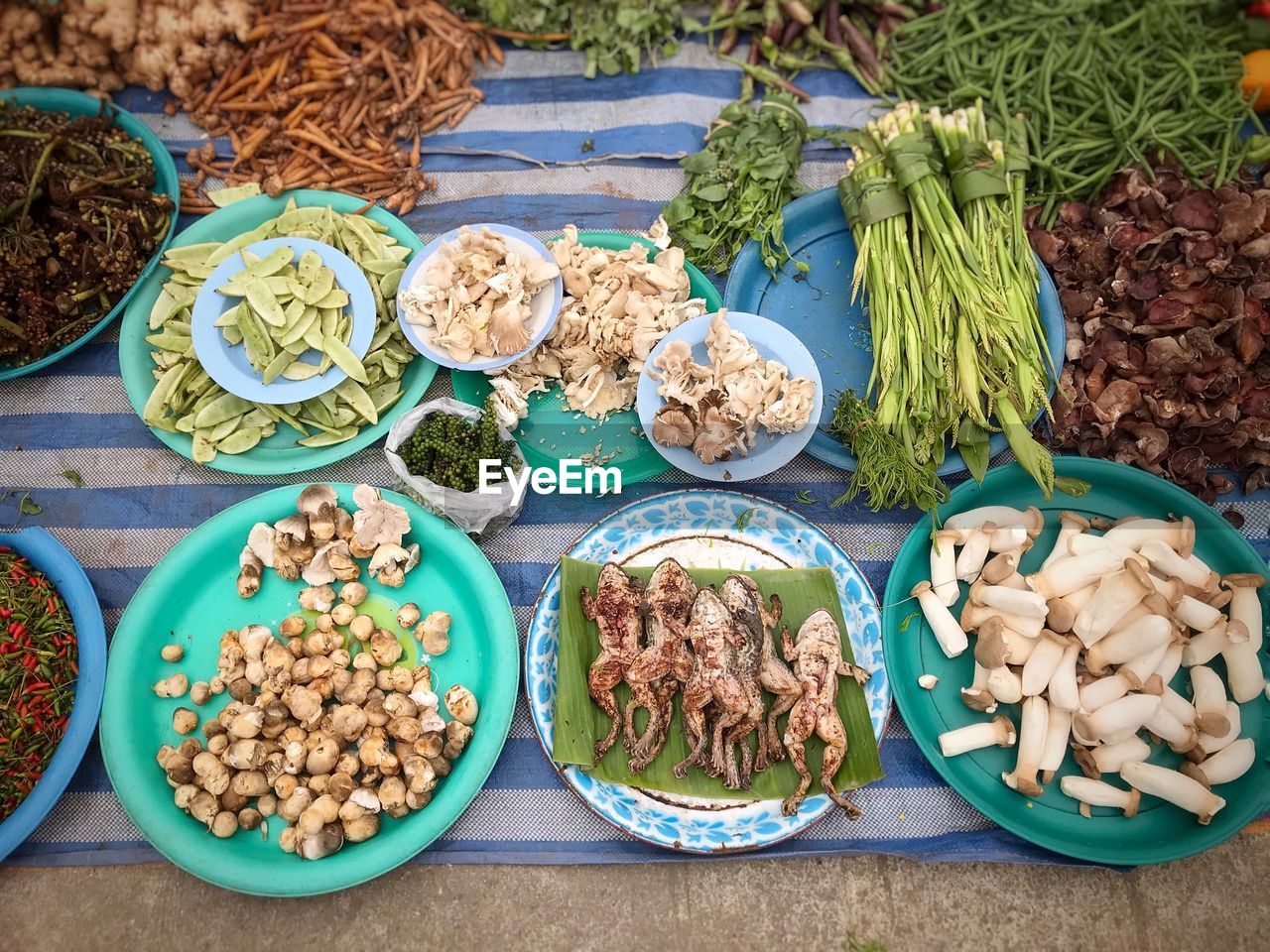High angle view of various vegetables for sale at market