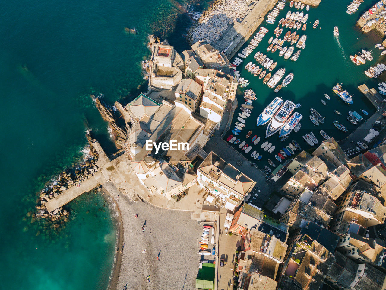 Ancient italian old town and port. mediterranean sea. camogli, italy. liguria coast. aerial view.