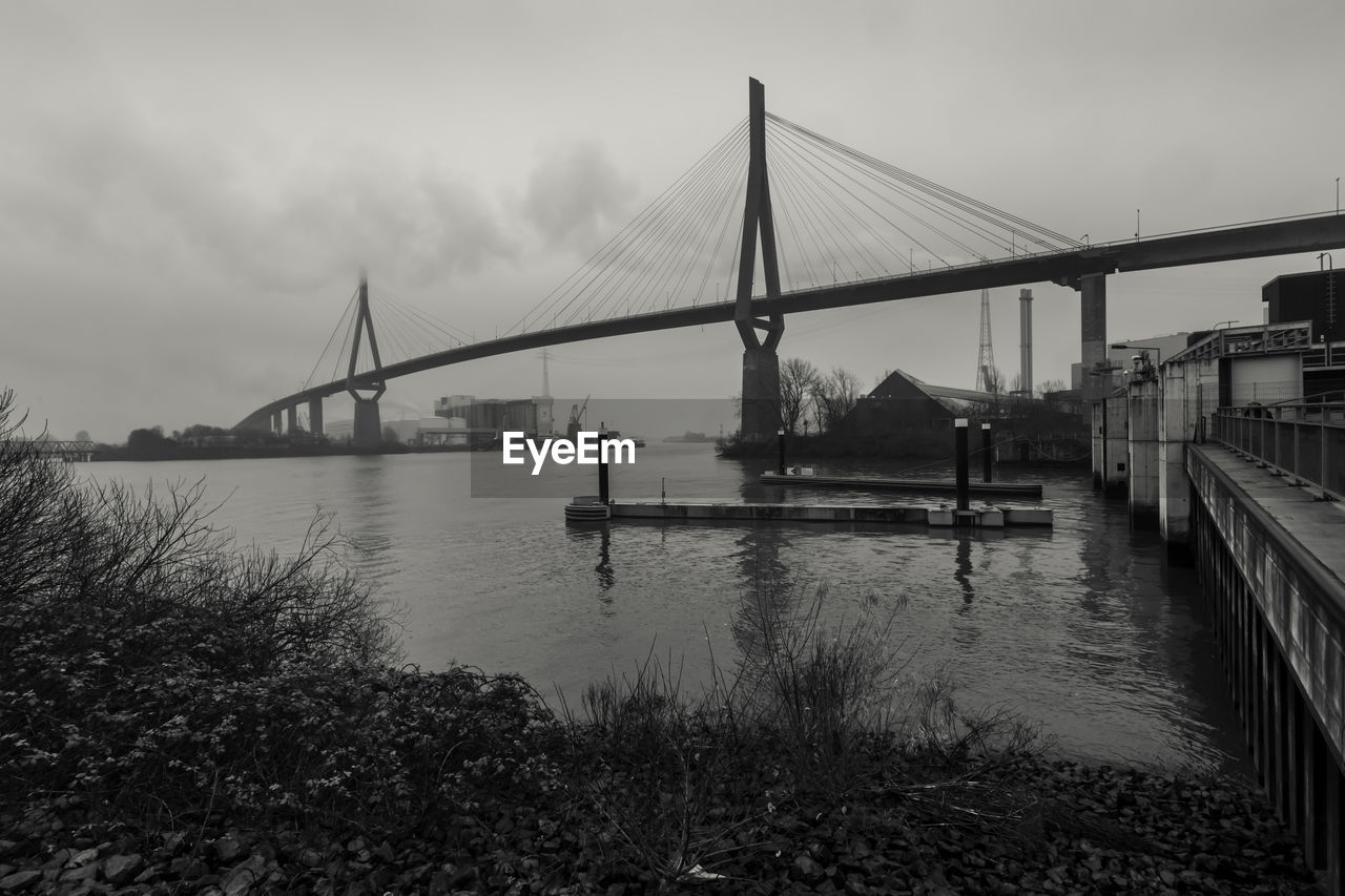 View of suspension bridge over river