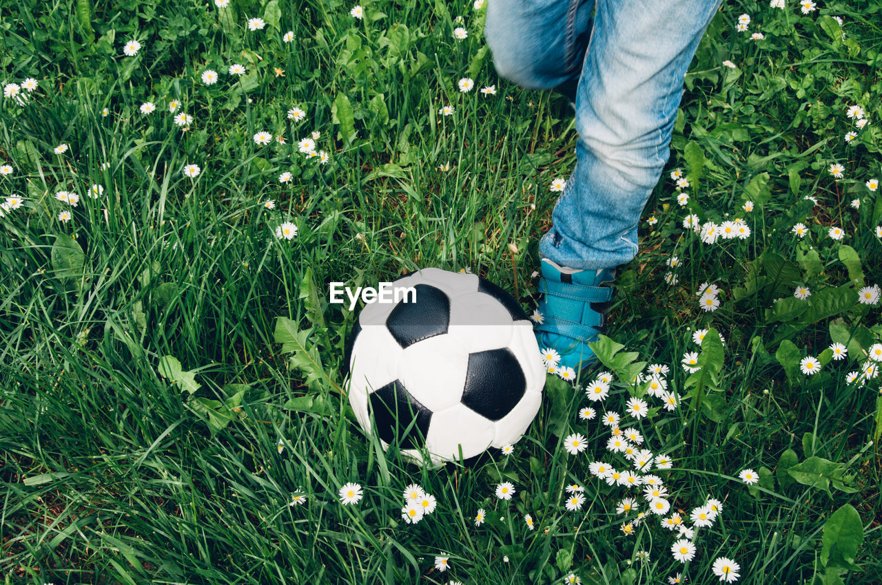 Low section of boy kicking soccer ball