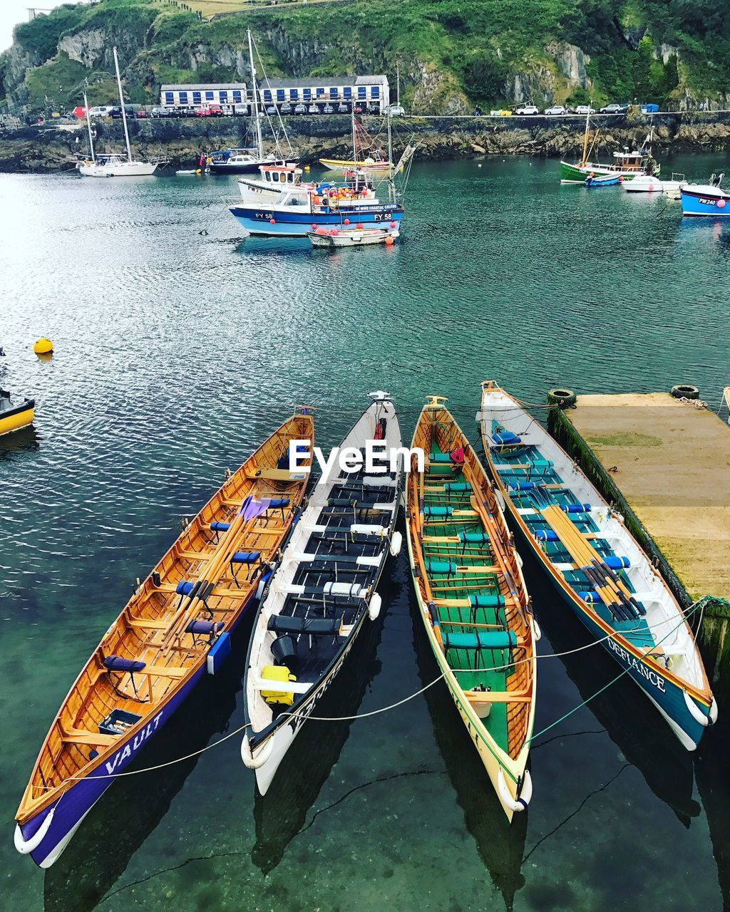 High angle view of boats moored in water