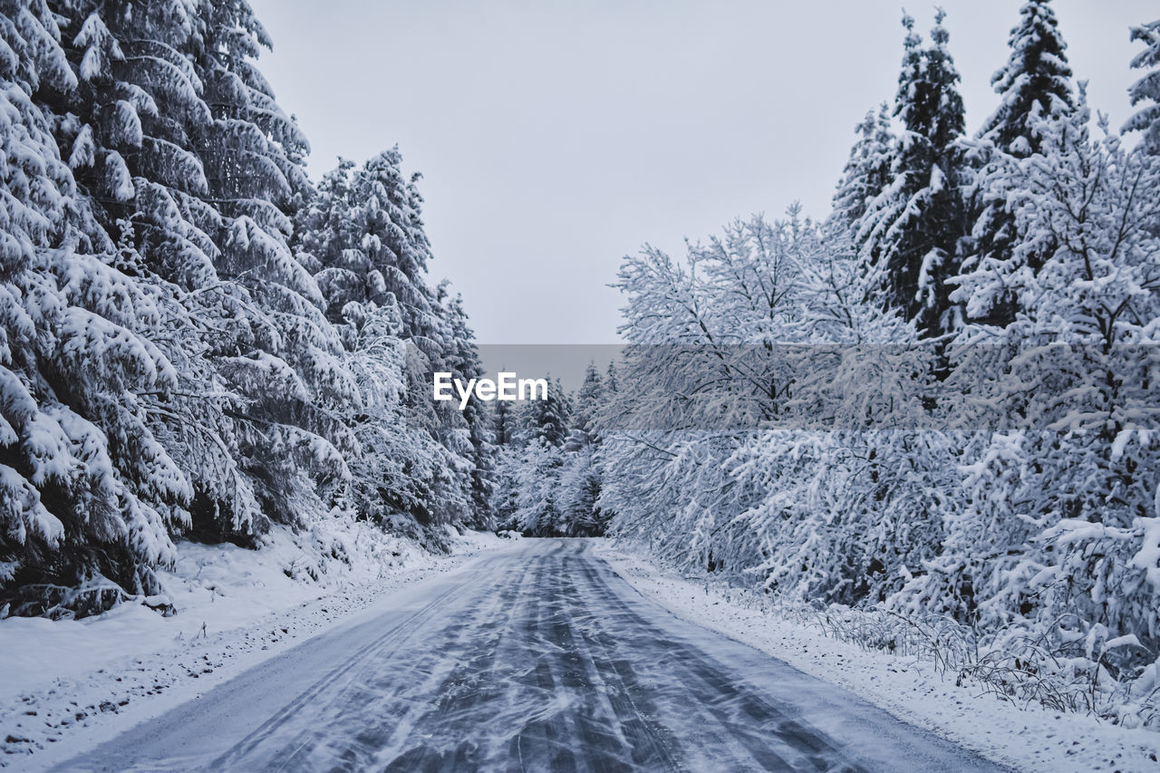 Road amidst snow covered trees against sky