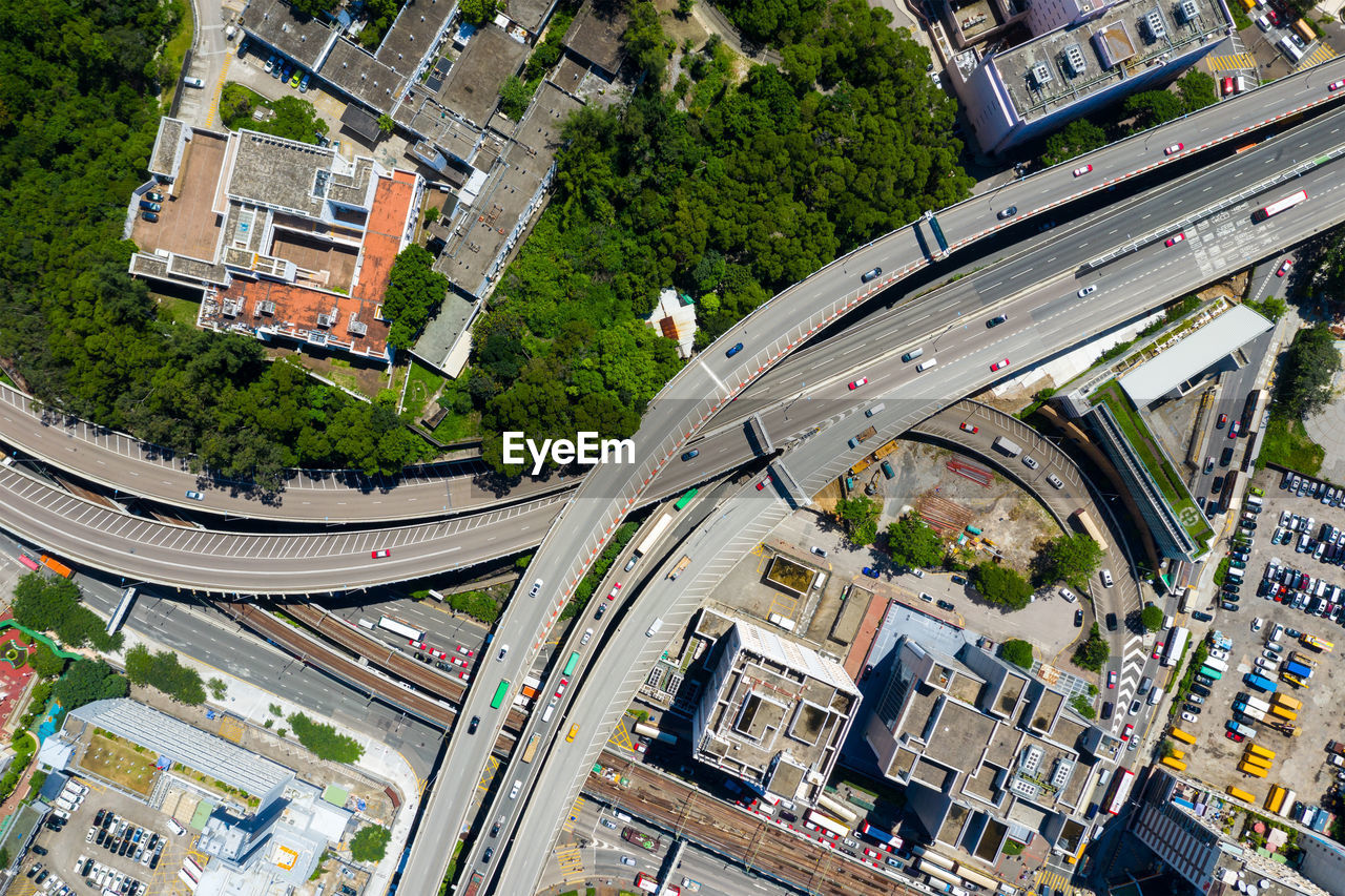 High angle view of street amidst buildings in city