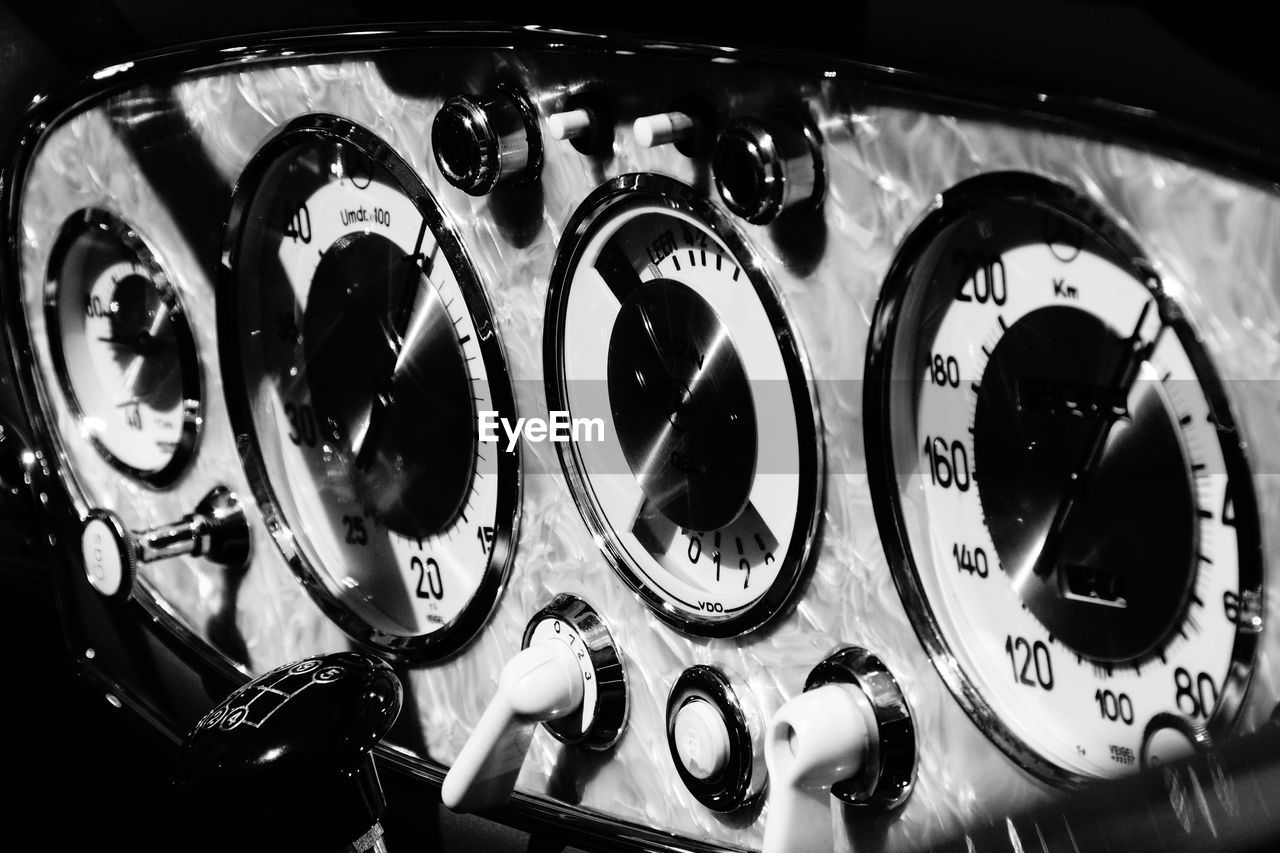 Close-up of gauges in vintage car