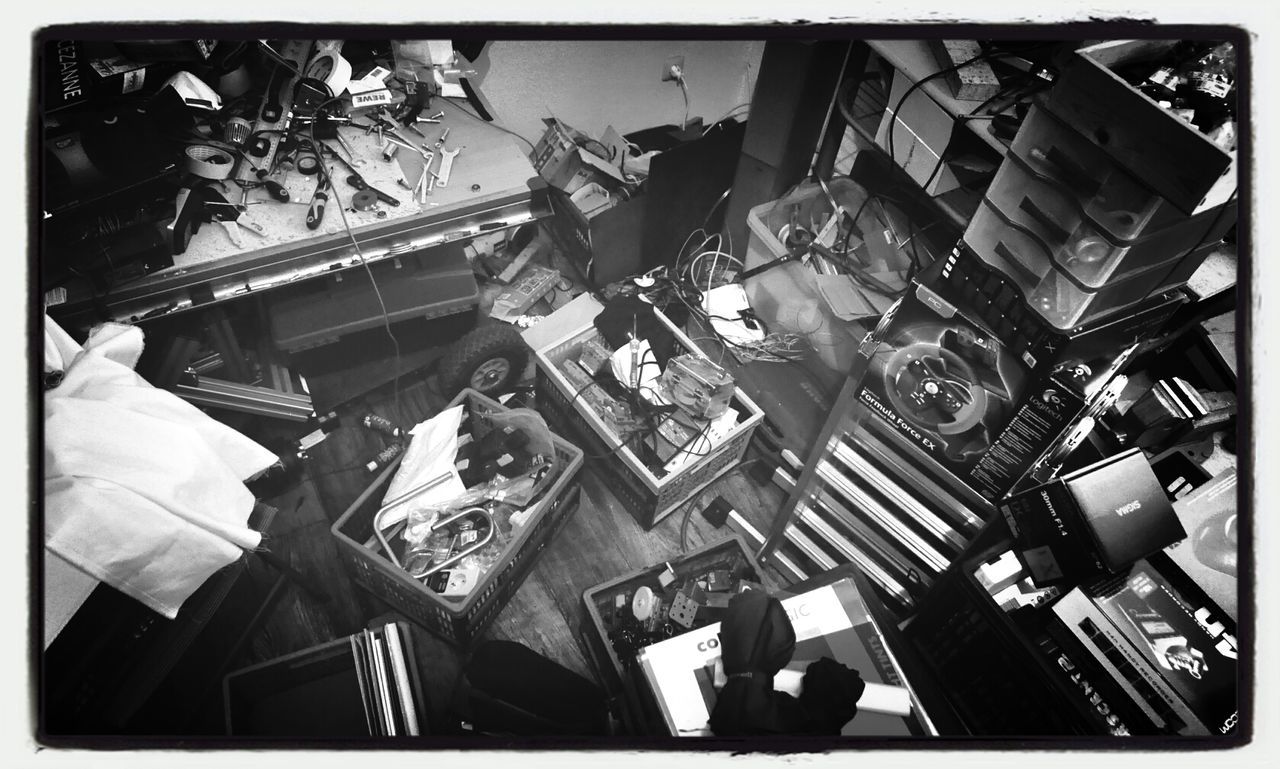 high angle view, large group of objects, no people, indoors, day, film industry