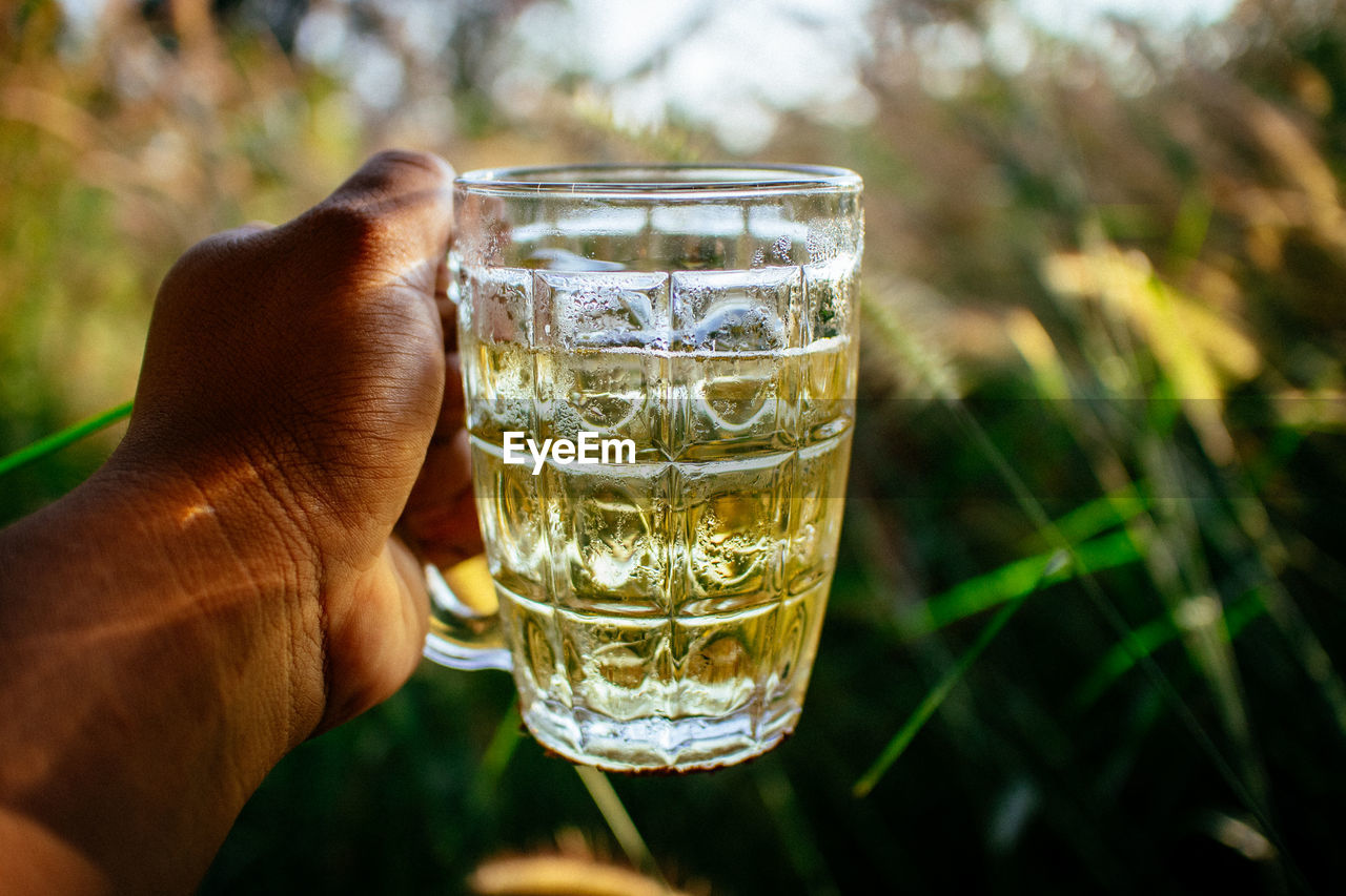 hand, refreshment, drink, food and drink, glass, holding, drinking glass, alcohol, one person, household equipment, water, focus on foreground, close-up, alcoholic beverage, nature, adult, personal perspective, outdoors, freshness, leisure activity, celebratory toast, lifestyles, day, plant, yellow