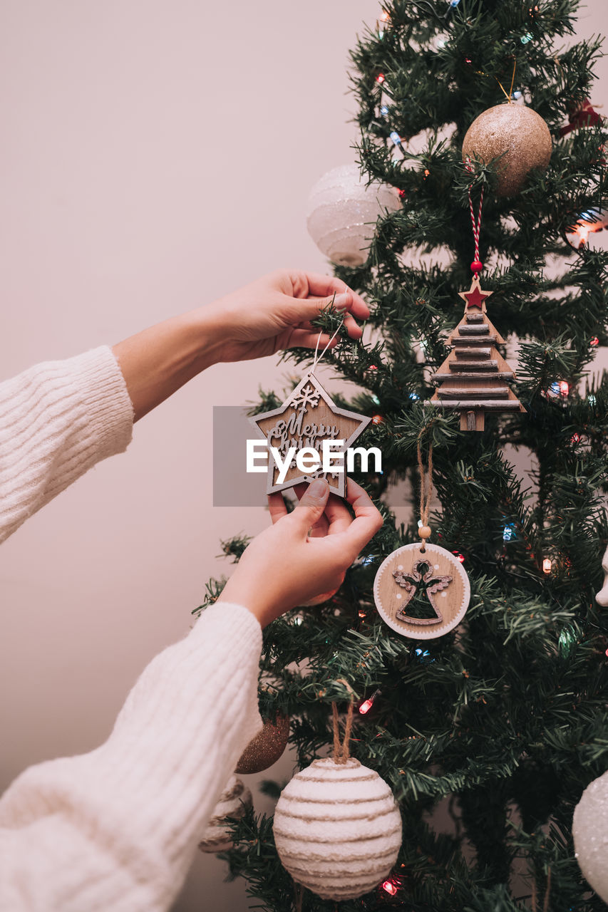 Midsection of woman holding christmas tree