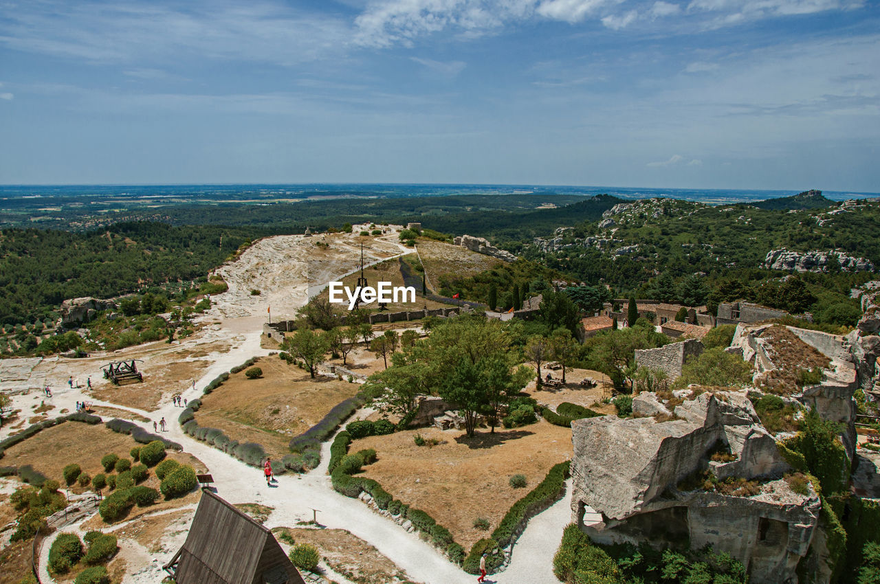 Panoramic view of the castle of baux-de-provence at the top of the hill, france.