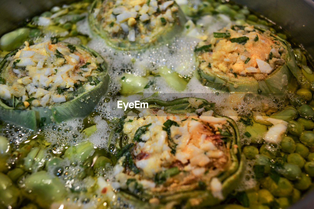 High angle view of meat in cooking pan