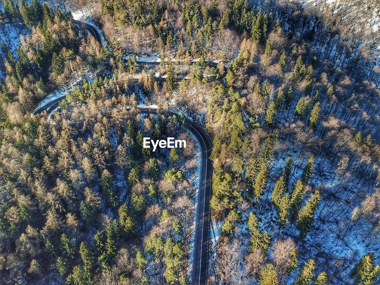 High angle view of a mountain road in winter