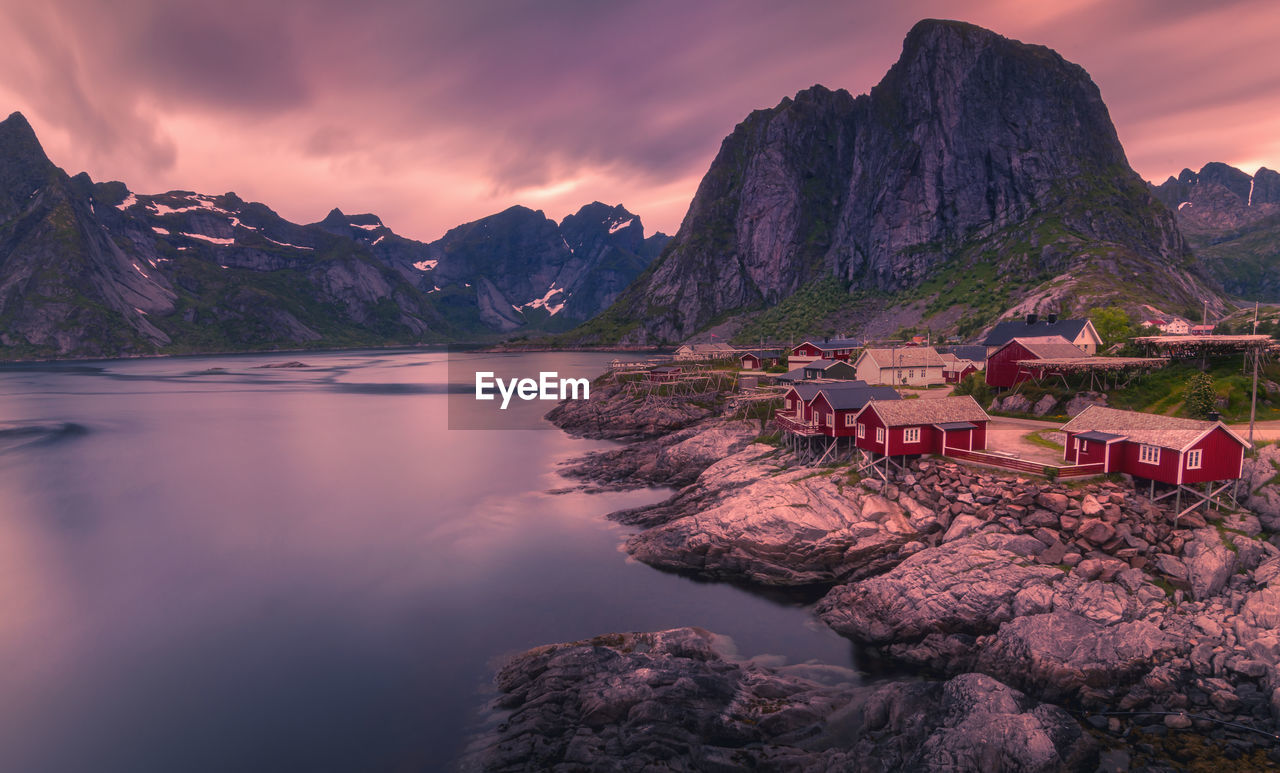 View of hamnoy during midnight sunset
